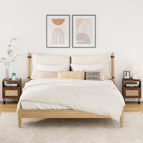 Image of Rattan Nightstand with Charging Station, Boho Night Stand Farmhouse Wood Bedside Table with Storage and Open Shelf, End Side Accent Table for Bedroom,Living Room,Walnut