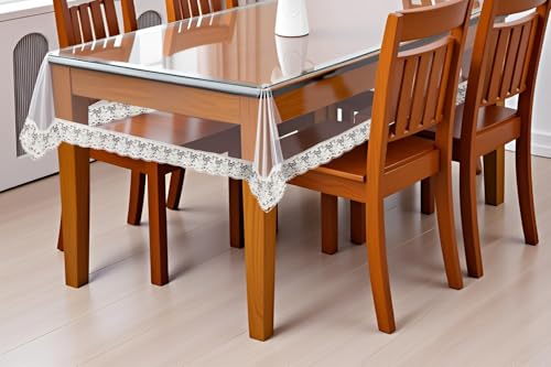 Image of The Furnishing Tree Rectangle Shaped 4 Seater Transparent Table Cover WxL 54x78 inches 0.25 mm Thickness with White Lace