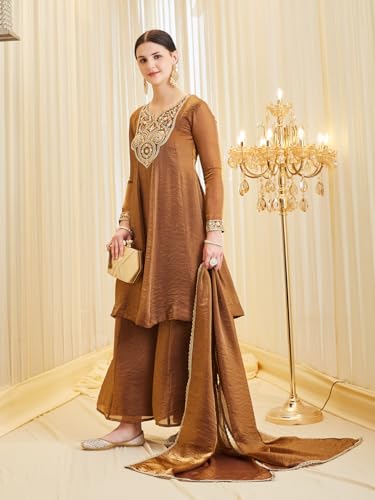 Image of MOKOSH Women's Silk Embroidered Anarkali Kurta and Sharara with Dupatta Set | Ethnic Set | Suit Set | Kurta Set