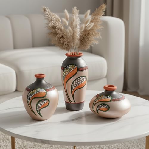 Image of Aakriti Art Creations Terracotta Vases Set of 3 | Handmade Silver Floral Art Flower Vases (6x3 /3x4.5 /4.6x3.6 Inch Dia) | Matte Finish Decorative Vases for Home Decor & Gifting