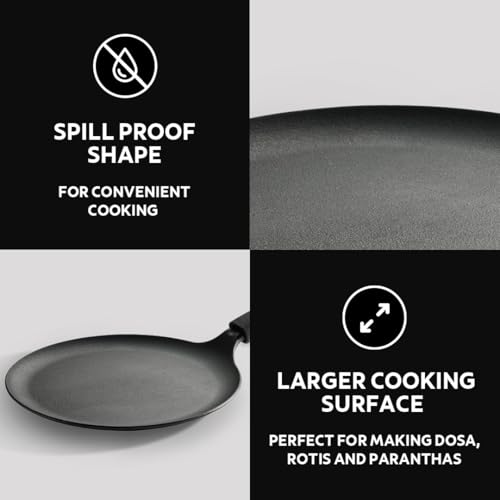 Image of TRAMONTINA TITANEX 24cm Pre-Seasoned Cast Iron Dosa Tawa | Flat Surface with Raised Edges | for Dosa, Uttapam, Cheela, Paratha | Induction & Gas Compatible | Non-Slip Handle