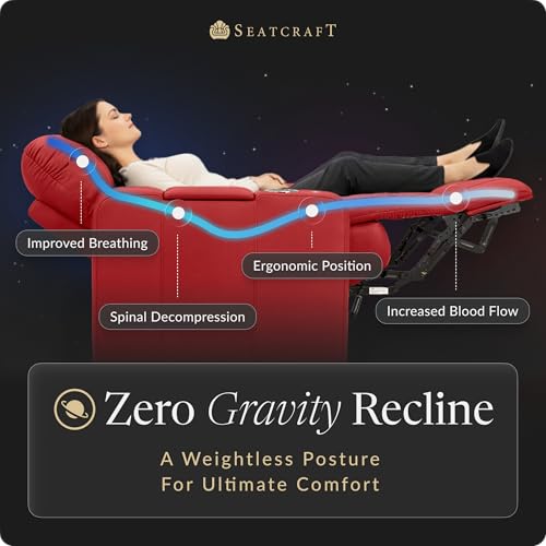 Image of Seatcraft Monterey Red Italian Leather Home Theater Seating, Zero Gravity Power Recliner, Gaming and Home Office Chair, Powered Headrest Furniture for Family Cinema Room, Row of 3 Left Loveseats