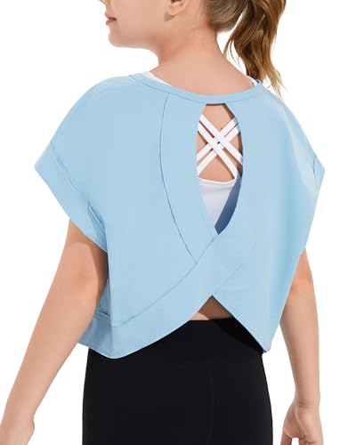 Hvididan Girls Tees Summer Short Sleeve Oversized Cut Out T Shirts Kids Open Back Athletic Top for Teen Size 7-8Years Blue
