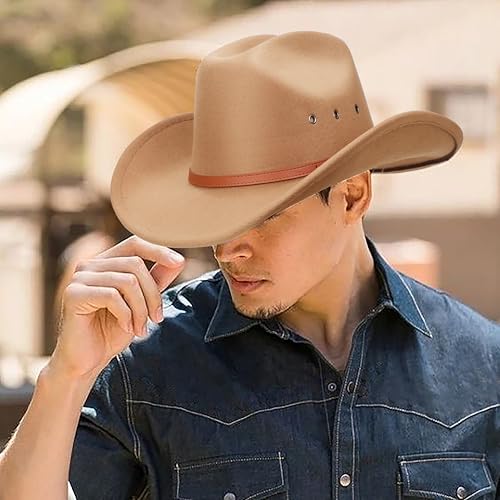 Image of DRESHOW Cowboy Hat for Women and Men Western Felt Cowboy Cowgirl Hat Wide Brim Belt Buckle Retro Fedora Hats Unisex Caps