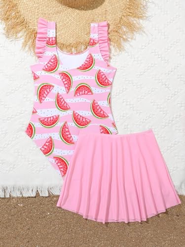 WDIRARA Girl's Cute Strawberry Print Swimsuit Ruffle Trim One Piece Bathing Suit with Flare Skirt2