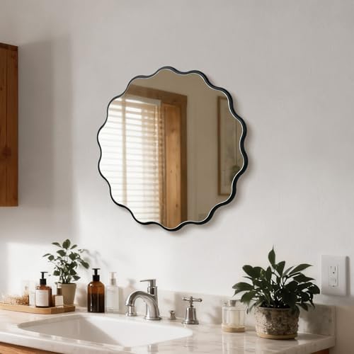 Image of Small Black Wavy Round 17 inch Scalloped Modern Wall Vanity Decor Mirror