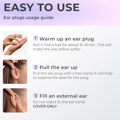 Image of Peace&Quiet PQ Wax Ear Plugs for Sleeping, Swimming - 30 Soft Noise Cancelling Silicone Gel Wax Earplugs for Sleep and Swimmers, Ear Protection with Sound Blocking Level of 32 Db, Lavender