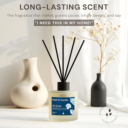 Image of Soul & Scents 50ml Ocean Reed Diffuser Set | A Blend of Sea Breeze, Melon & Driftwood | Get 5 Rattan Reed Sticks | Smoke Less Room Freshener for Home, Bedroom, Living Room & Office