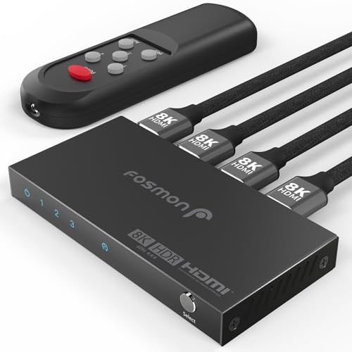 Fosmon 3-Port HDMI 8K Switch with Remote, Support 8K@60Hz 4K@120Hz HDR10+ HDCP 2.3 High Speed 48Gbps 3 in 1 Out Auto-Switching 3x1 HDMI 2.1 Switcher Splitter Hub Compatible with PS5, Xbox X, Apple TV