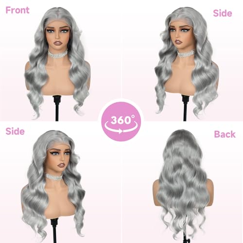 Image of Halloween Wigs 200% Grey Human Hair Wigs Body Wave 13x4 UHD Transparent Pre Plucked Pre Cut Gray Lace Front Wig Virgin Human Hair Glueless Lace Front Wigs for Women (28 Inch, Grey body wave)