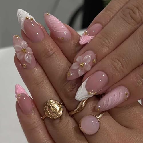 24PCS Stick on Nails - Press on Nails Almond - Medium Length False Nails with Glue - 12 Sizes Fake Nails with Flower Pattern - Elegant Full Cover Stiletto Glue on Nails for Women Daily Decorations