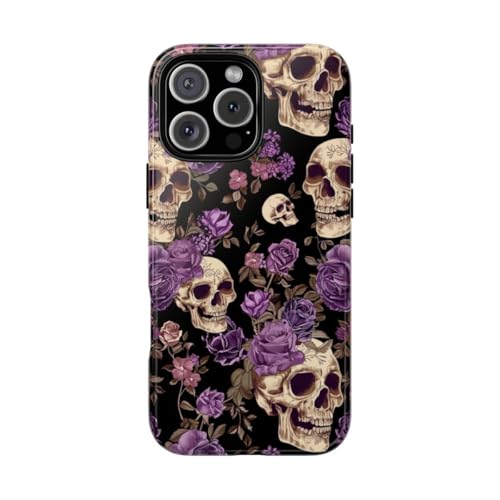 Coque iPhone 16 Pro Max rigide antichoc à motif gothique de roses et crânes