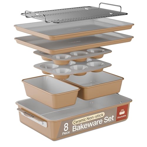 Image of Bakken 8-Piece Stackable Bakeware Set – Ceramic Non-Stick, Oven-Safe Baking Sheets & Pans, PTFE/PFOA/PFOS-Free, Ergonomic Handles, Includes Cooling Rack – Healthy, Non-Toxic Baking Essentials