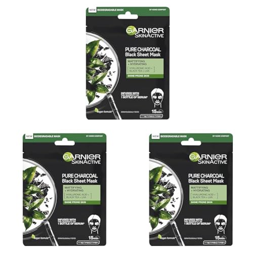 Garnier Pure Charcoal And Black Tea Sheet Mask, Purifying And Hydrating Face Mask With Hyaluronic Acid, LHA & Black Tea Extract, Mattifies Shine Prone Skin, Biodegradable & Vegan Tissue 28g