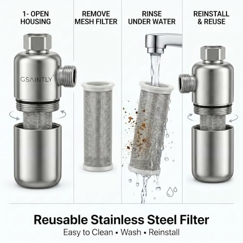 Image of Reusable Water Filter, 304 SS Sediment Filter for Bathroom Water Heater, Washing Machine, Dishwasher & Shower Faucet | Screen Filter with Leak-Proof Gasket | G 1 /2'' Thread (Side Outlet)