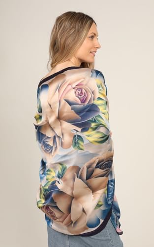 Image of Alexvyan Satin Silk Summer Scarves 180 x 84 cm, Blue Rose Theme with Stitched Border, Lightweight Fashion Scarf for Women Sun Protection Stole