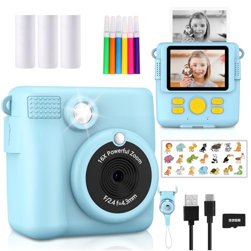 Radekly Instant Print Camera for Kids,Christmas Birthday Gifts for Age 3-12 Girls Boys，1080P HD Digital Video Cameras for Toddler,Kids Portable Toy with 3 Rolls Photo Paper，32GB Card-Blue