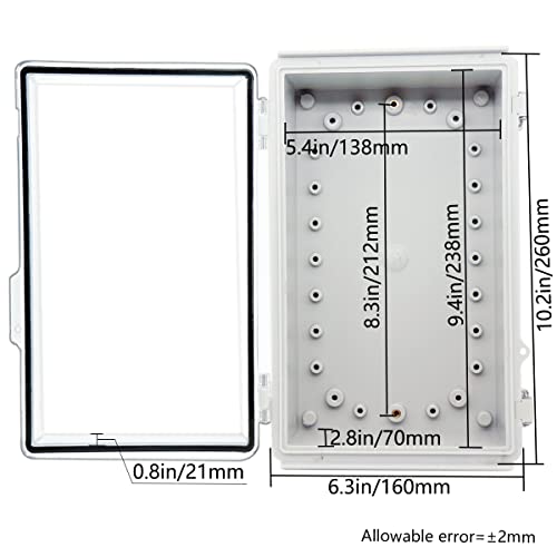 Zulkit Junction Box,Ip67 Waterproof Electrical Box Hinged Clear Cover Stainless Steel Buckle Plastic Enclosure For Project W Mounting Plate Wall Bracket And 2 Cable Gland 10.2 X 6.3 X 3.9 Inch #TOP1