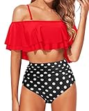 Tempt Me Women Two Piece Off Shoulder Ruffled Flounce Crop Bikini Top With Print Cut Out Bottoms White L