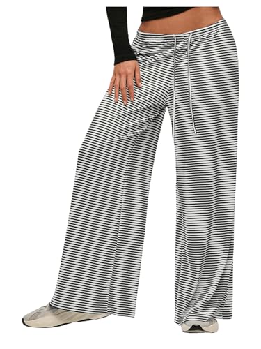 SOLY HUX Women's Striped Pants Drawstring Waist Baggy Wide Leg Pants Long Trousers