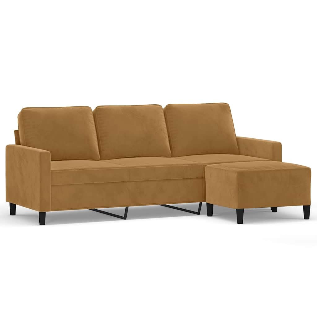 Sofa 3-osobowa z taboretem, brązowa, szerokość siedziska 180 cm, aksamitne pokrycie, wytrzymały metalowy stelaż, wygodne doświadczenie siedzenia do salonu
