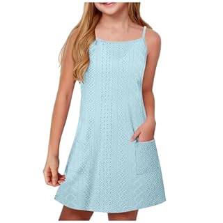 duxyoz Girl's Summer Dresses with Pockets Adjustable Spaghetti Strap Sling A Line Casual Lightweight Sundress Kids Solid Color Plain Loose Lounge Eyelet Flowy Dress Loose Fit Mini Sundress 9-10 Years