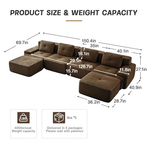 Image of 153 inch U-Shaped 4-Seater Modular Boneless Couch with 2 Ottomans, Premium Corduroy Upholstery, Deep Seat Cloud sectional Sofa, No Assembly Anti-Slip Design, Brown