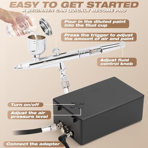 XDOVET Airbrush-set, 55 psi, multifunctioneel, airbrush, dubbele actie, hoog vermogen, luchtcompressor, plus, geschikt voor schoenen, kleding, model, tatoeage, nagels, kunst, tekenen, taartdecoratie - Afbeelding 3