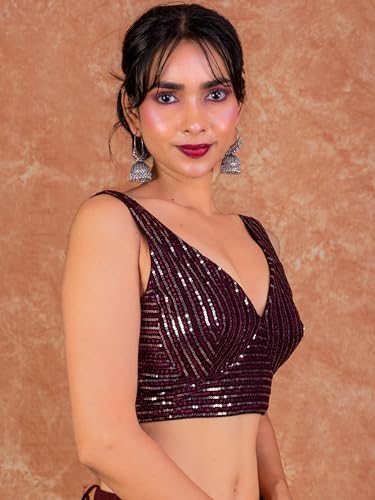Image of FIGURE'S DESIGNER Women's Sequin Embroidered SabyaSachi Cut Sweetheart V Neck Sleeveless Readymade Saree Blouse E30