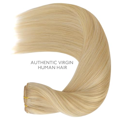 Image of WENNALIFE Clip in Human Hair Extensions, 16 Inch 120g 7pcs Light Blonde Highlighted Golden Blonde Hair Extensions Clip In Human Hair Remy Real Human Hair Double Weft