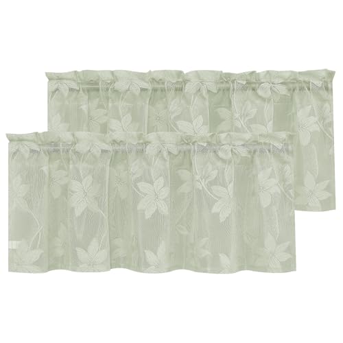 DWCN 2 Pack White Floral Lace Valances for Kitchen - Rod Pocket Half Window Sheer Curtains for Small Window Living Room Cafe, 42 x 18 inch, Sage Green