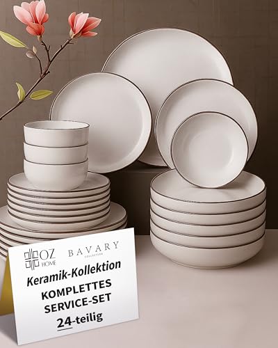 BAVARY Tafelservice 24-teilig, Geschirrset Beige für 6 Personen –...