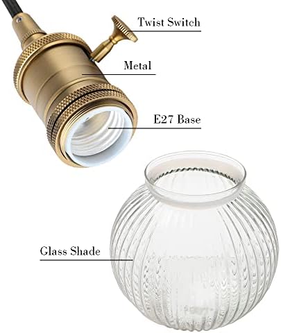 Yosoan Industrial Glass Pendant Light Fitting, Ribbed Ball Hanging Ceiling Light for Kitchen Island,Dining Room,Bedroom,Lving Room (Antique)