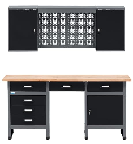Küpper Juego de banco de trabajo 70413-9, ancho 170 cm, banco de trabajo, armario colgante, pared perforada