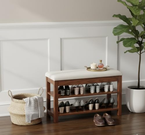 Image of Premium Sheesham Wood Shoe Rack with Upholstered Bench - 2-Tier Solid Wood Entryway Shoe Organizer - Durable Hallway Storage Bench for Living Room & Bedroom (Brown, 24inch)
