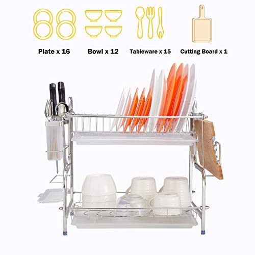 2 Tier Dish Rack, NATUROUS 304 Stainless Steel Dish Drying Rack Kitchen Organizer with Drain Board, Utensil Holder, Cutting Board Holder, Silver - Thumbnail 4