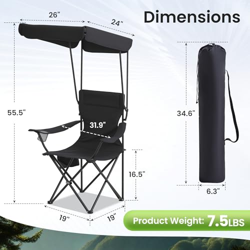 Silla de camping portátil 2 unidades con dosel plegable, silla plegable para exteriores con portavasos y bolsillo lateral para camping, senderismo, picnic y playa (Negro) miniatura 2