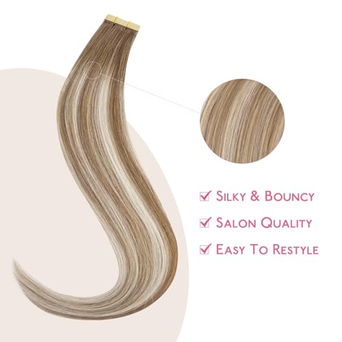Image of WENNALIFE Tape in Hair Extensions Human Hair Balayage Dirty Blonde with Platinum Ends Tape in Extensions, 10pcs 20g 10 inch Remy Invisible Tape Ins Straight Colored Soft Refill Set