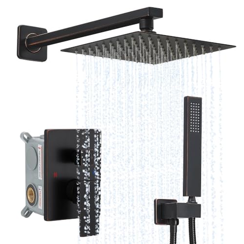 Image of Oil Rubbed Bronze Shower System YCAIKOI Wall Mount Shower Faucet Set for Bathroom 10 Inch High Pressure Luxury Shower Head with Handheld, Rough-in Valve Body and Trim Included