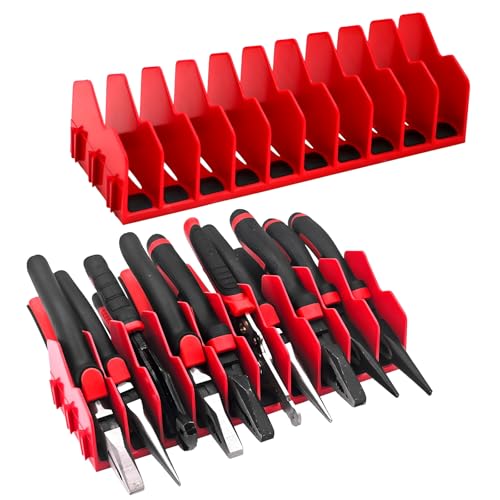 HGSKEO 10-Slot Heavy-Duty Plier Organizer Rack 2-Pack 20 Slots with Non-Slip Base Expandable Design for Pliers and Tools Fit Drawers & Toolboxes (2 Red)