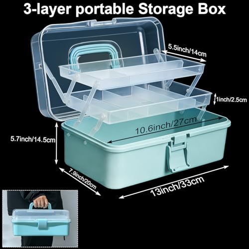 Image of DUOFIRE 13in 3-Layer Foldable Craft Organizers and Storage, Multipurpose Sewing Box, Portable Handled Plastic Tool Box Organizer, Craft Organizer for Sewing, Tools, Tackle or Art Supplies (Blue)