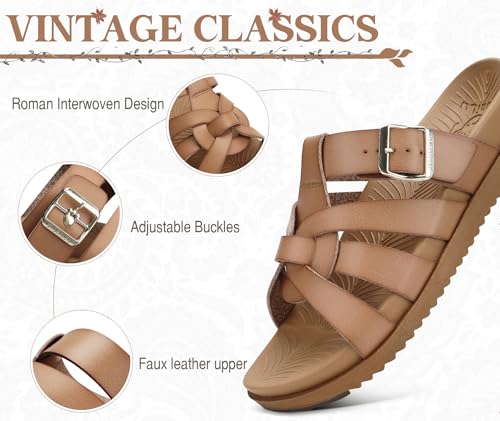 Image of KuaiLu Gladiator Sandals for Women with Comfortable Arch Support Summer Beach Walking Fisherman Slides Boho Outfits Flats Slip on Cushion Shoes Indoor Outdoor
