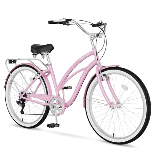 Image of MOONCOOL Beach Cruiser Bike for Women and Men, 24 /26 Inch 7-Speed Adult Bicycle, Comfortable Step-Through Frame with Rear Rack, Classic City Cruiser