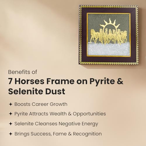 Image of Astrotalk 7 Horses on Pyrite with Selenite Dust Frame | Seven Horses for Success, Growth & Wealth | Elegant Home Decor for Living Room & Office | Vastu Items for Housewarming Gift