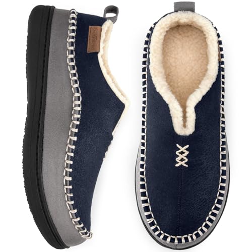 EverFoams Men's Micro Suede Memory Foam Moccasin Slippers with Fuzzy Sherpa Lining and Anti-skid Sole Size Navy,9 UK