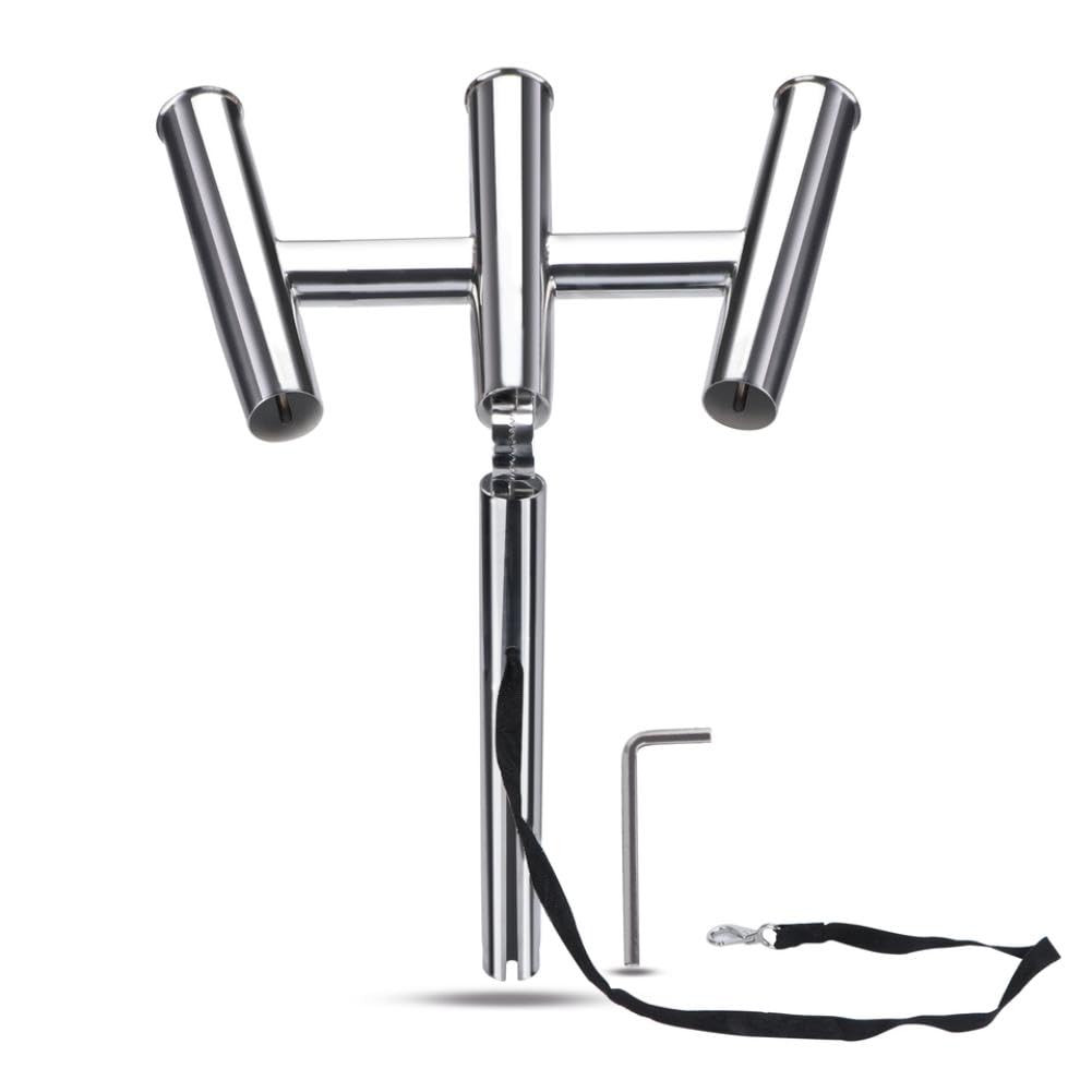 Supporto Per Canne Da Pesca In Acciaio Inox Lucidato Argento A 3 Tubi Con Chiave