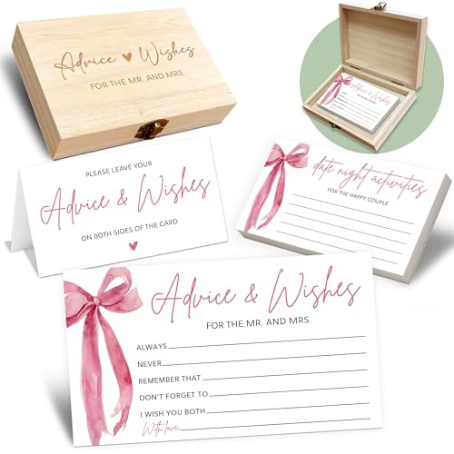 Pink Bow Advice and Wishes for the Mr and Mrs - 50 Packs Wedding Advice Cards Bridal Shower Game Cards with Box Reception Guest Book for Bride Groom Newlywed Engagement Party Decoration -A07