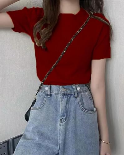 Image of Slim Fit Plain Stretchable Round Neck Rib Knit Short Sleeve Regular Top for Women | T Shirt | Tee