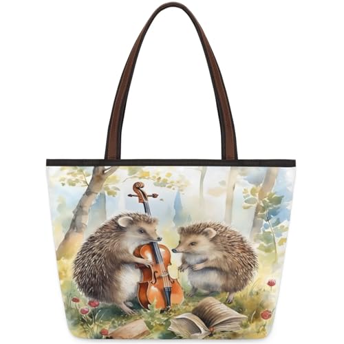 Watercolor Hedgehogs Guitar Tote Bag Multi Pocket Zippered Beach Bag Lightweight Waterproof Handbag for Women Men Work Gym Travel Swimming Yoga Grocery Shopping L