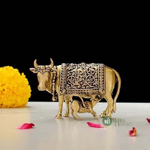 Image of INDICAST Handcrafted Brass Cow with Calf for Good Luck | 2 inch Kamdhenu Gau MATA Idol Spiritual Vastu Nandi Pooja Figurine Sculpture for Home and Office (Weight- 70gm)